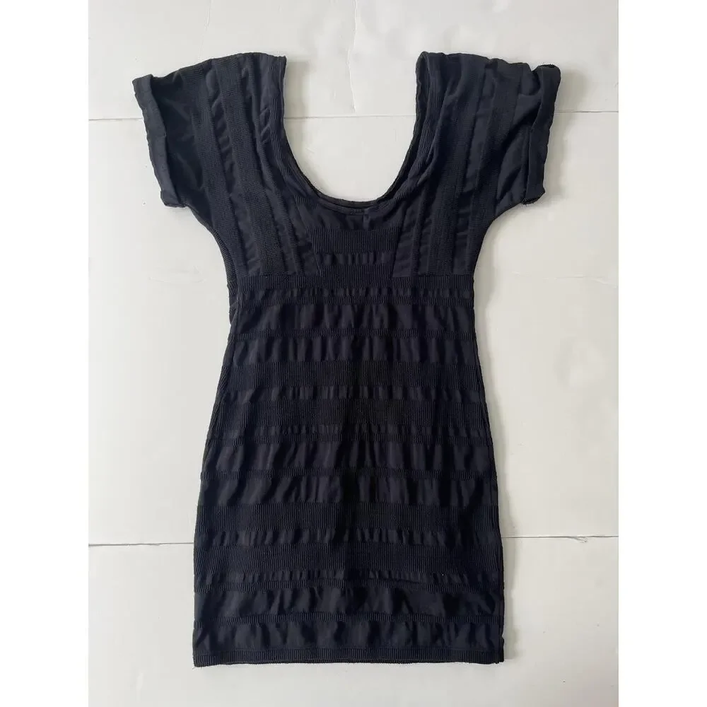 Free People Dress Womens M Black Textured Stripe Bodycon Mini Scoop Neck Stretch